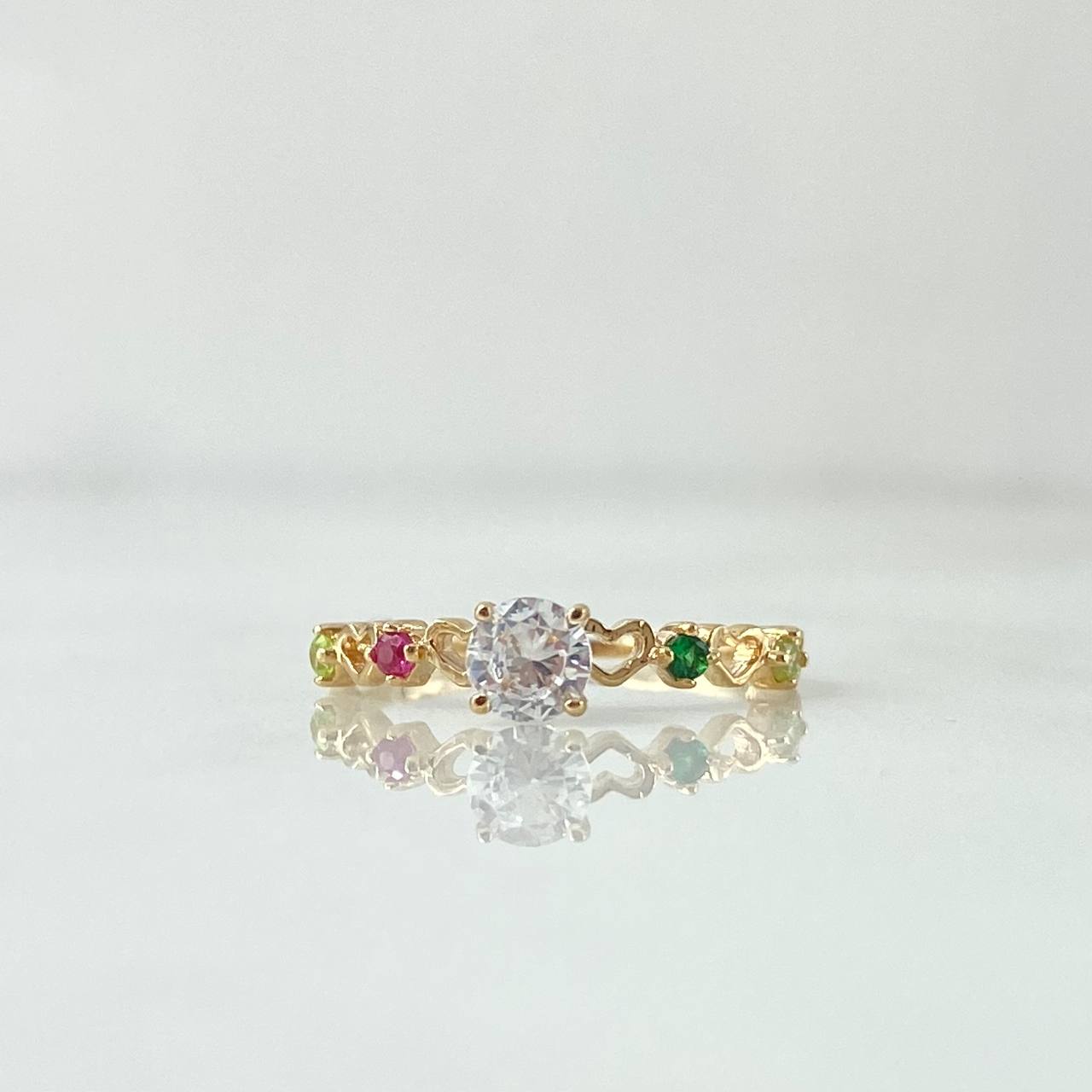 Ring Solitaire Heart Channel 1.25gr / Size 5 1/2 / White Zircons Fuchsia Green Yellow 18K Yellow Gold