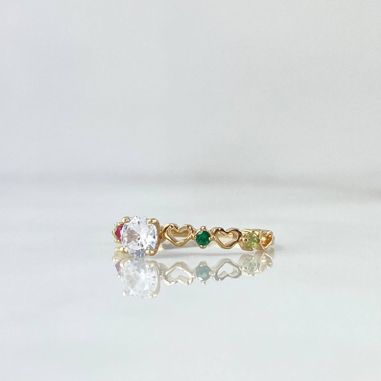 Ring Solitaire Heart Channel 1.25gr / Size 5 1/2 / White Zircons Fuchsia Green Yellow 18K Yellow Gold