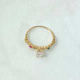 Ring Solitaire Heart Channel 1.25gr / Size 5 1/2 / White Zircons Fuchsia Green Yellow 18K Yellow Gold