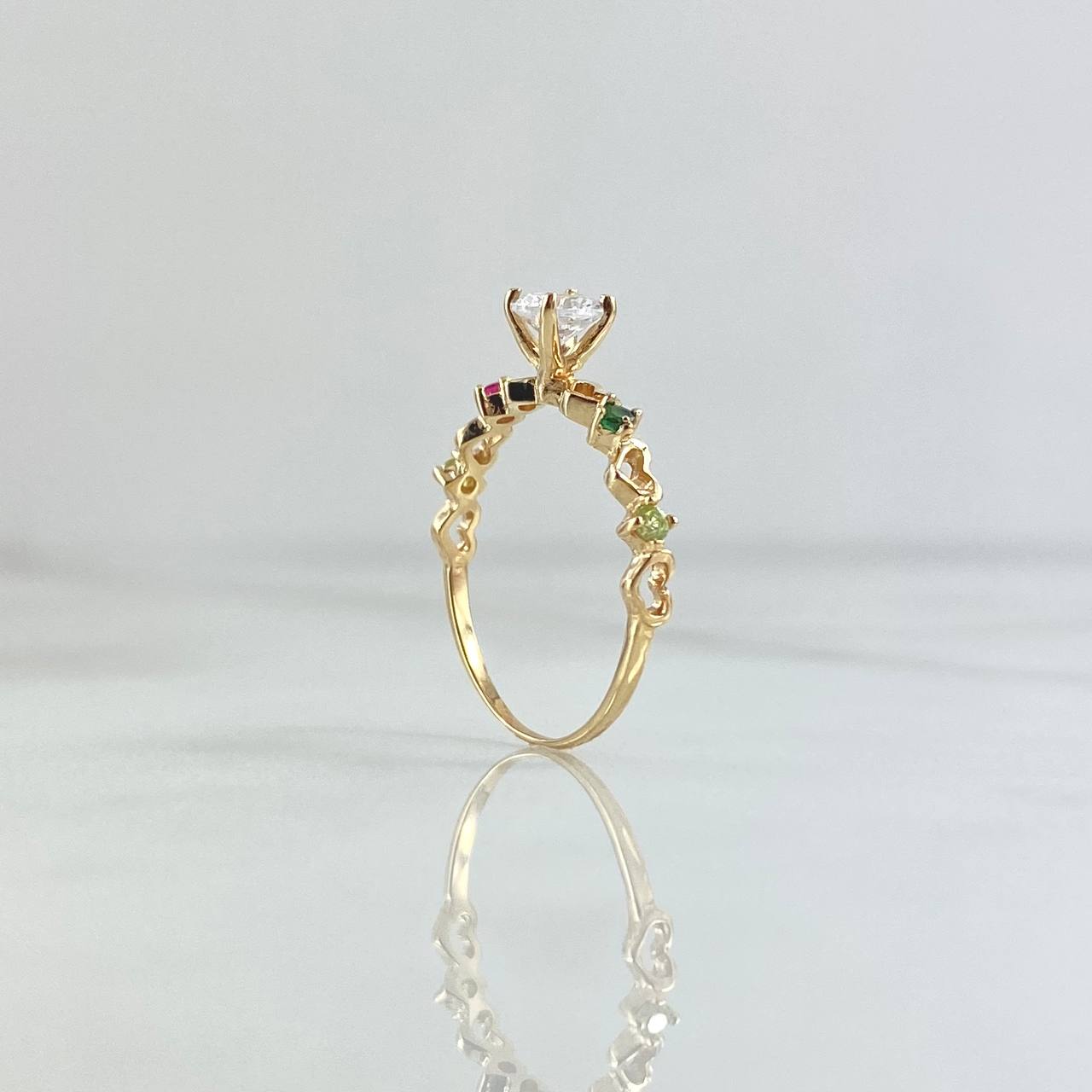 Ring Solitaire Heart Channel 1.25gr / Size 5 1/2 / White Zircons Fuchsia Green Yellow 18K Yellow Gold
