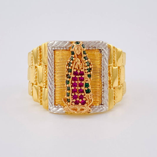 Anillo Virgen de Guadalupe 10.9gr / T10 / Circones Verdes Fucsias Tres Oros
