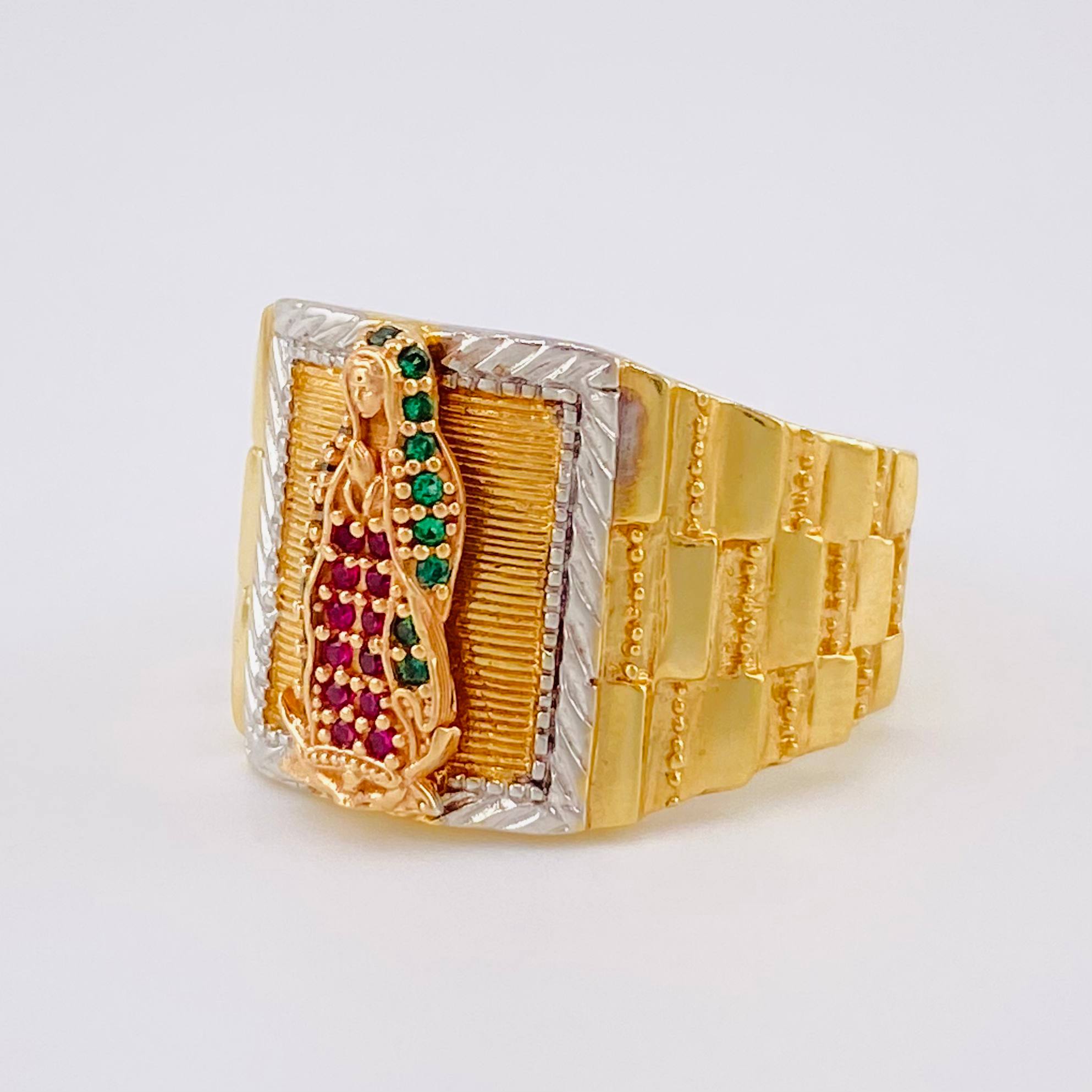 Virgin of Guadalupe Ring 10.9g / Size 10 / Green Fuchsia Cubic Zirconia Three Golds