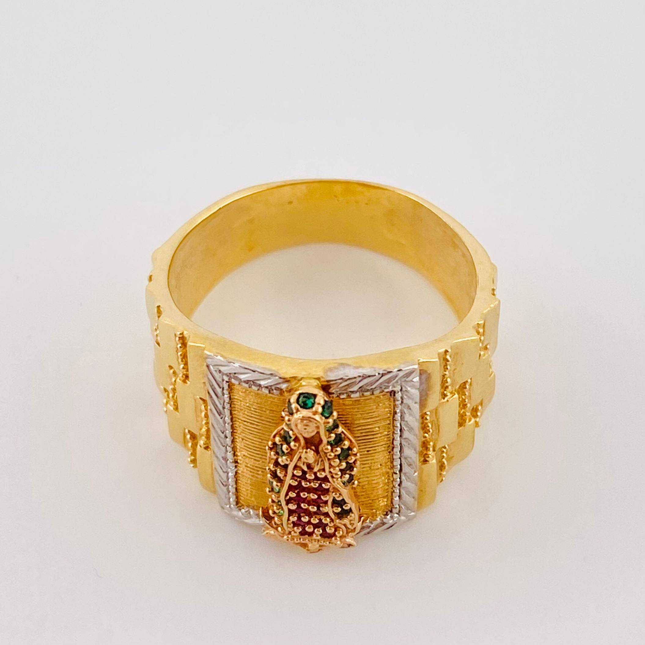 Virgin of Guadalupe Ring 10.9g / Size 10 / Green Fuchsia Cubic Zirconia Three Golds