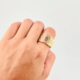 Virgin of Guadalupe Ring 10.9g / Size 10 / Green Fuchsia Cubic Zirconia Three Golds