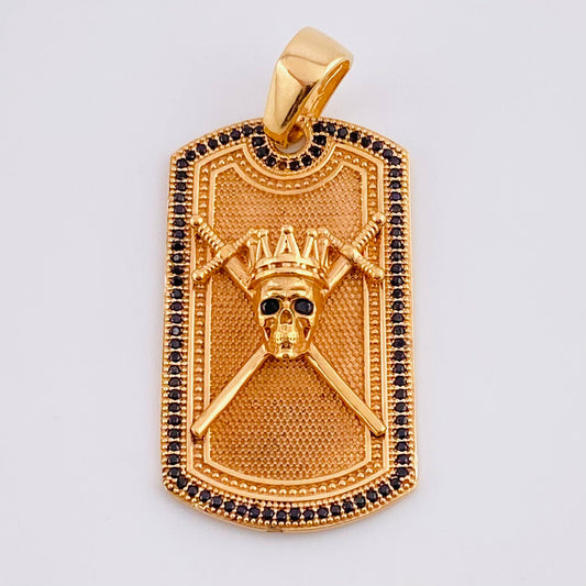 Pendant Skull Plate Swords 14.6gr / 4.5cm / Rectangle Black Zircons Rose Gold