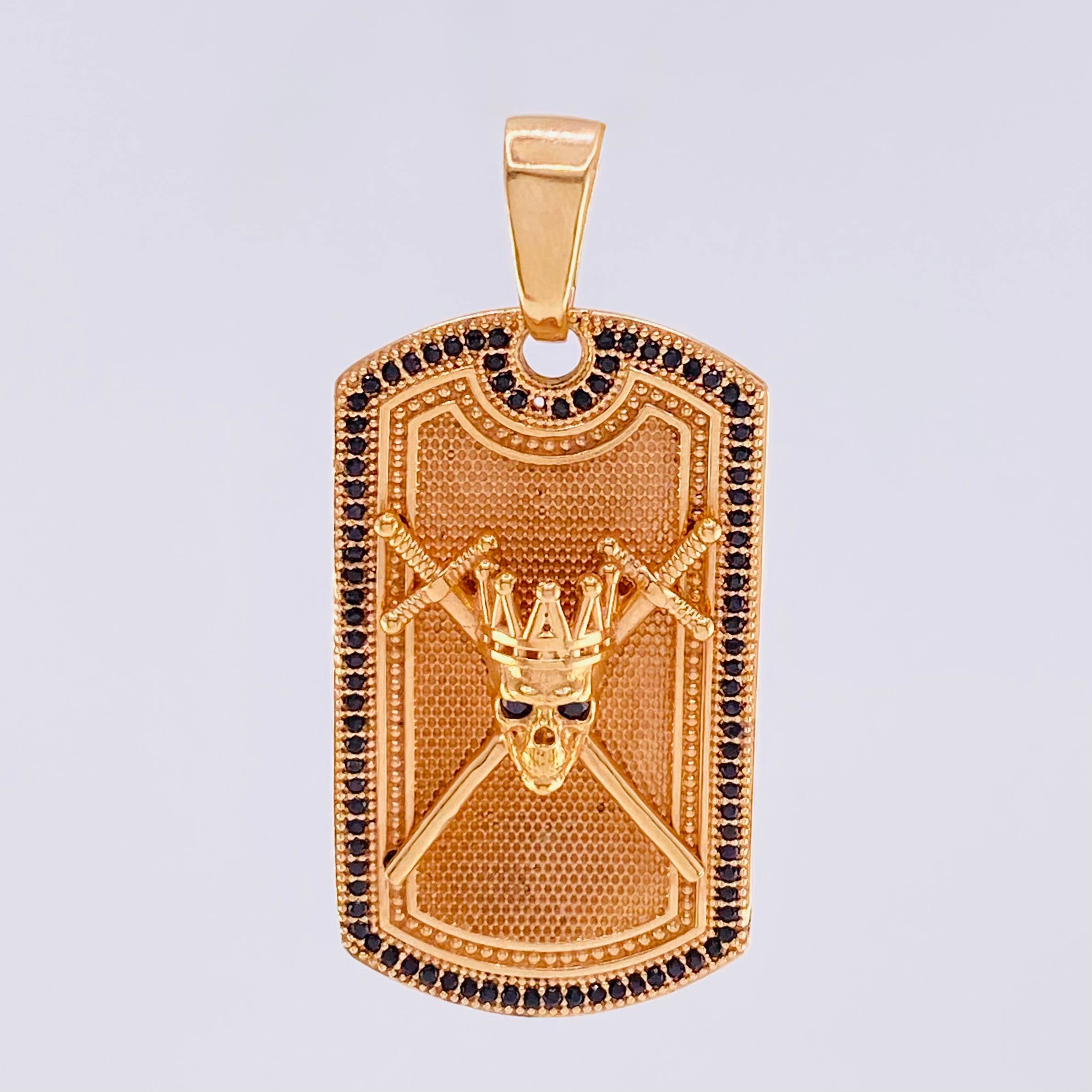 Pendant Skull Plate Swords 14.6gr / 4.5cm / Rectangle Black Zircons Rose Gold