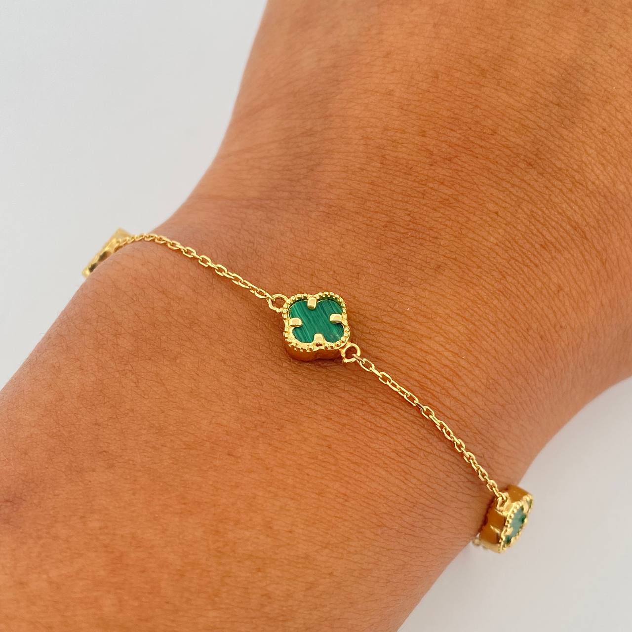 Classic Link Bracelet Clover 2.8gr / 18.5cm-20.2cm / 0.9mm Green Malachite Yellow Gold +4 18K &