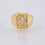 Anillo Sello Herradura Caballo 3.4gr / 9 3/4 / Dos Oros Amarillo Blanco 18K ©