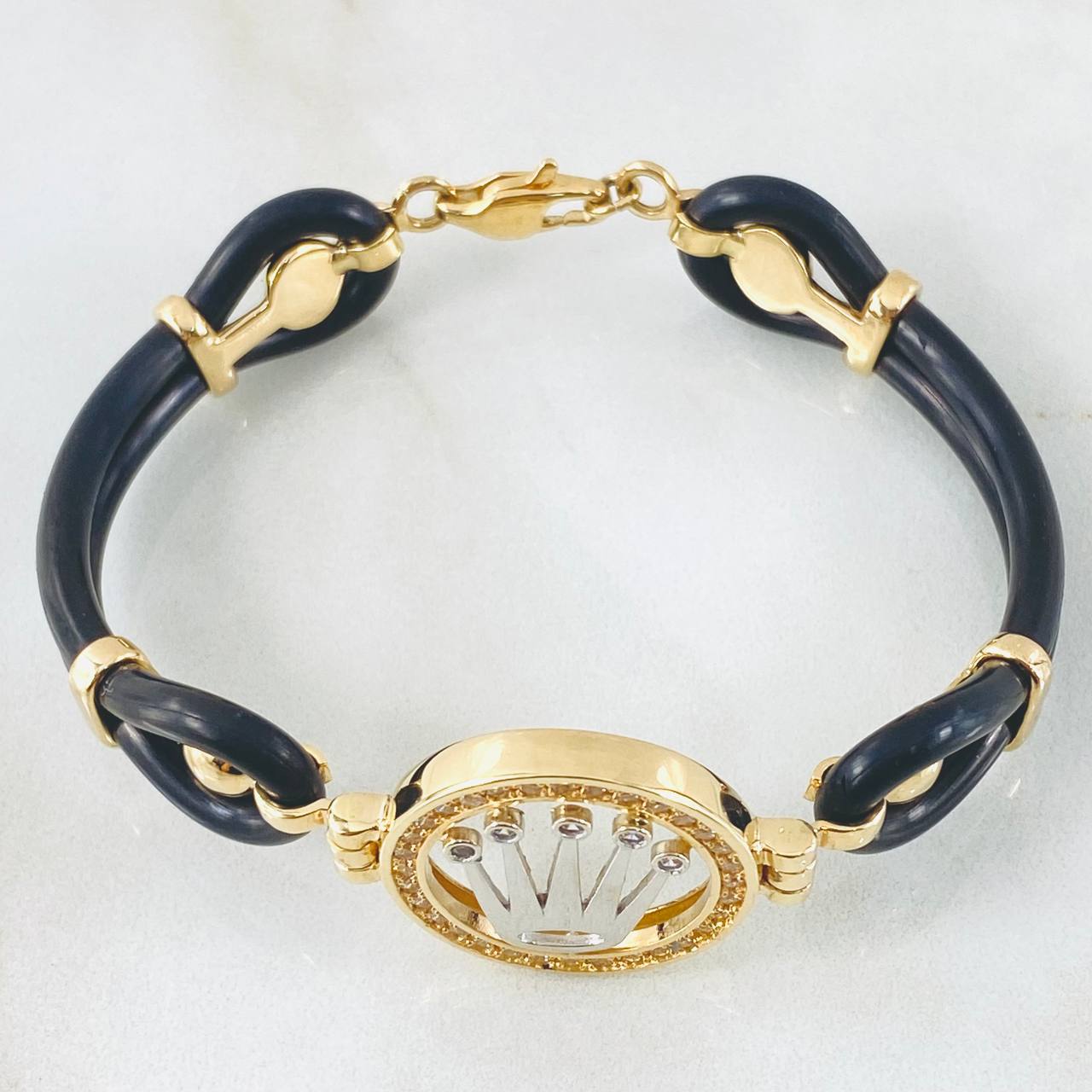 Rubber Bracelet Charm Crown 18.2gr / 7.5in / Two Tone Yellow White 18K ©