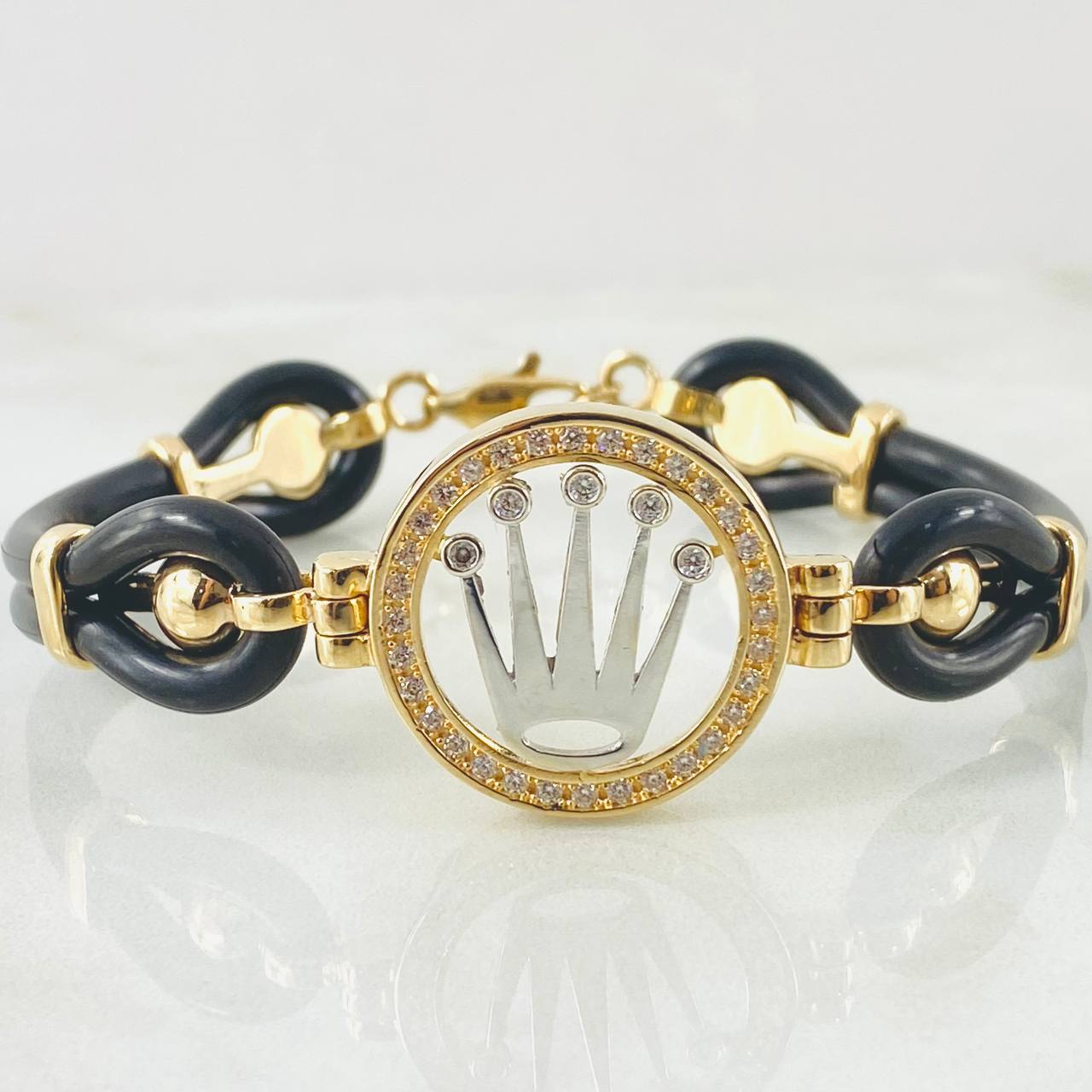 Rubber Bracelet Charm Crown 18.2gr / 7.5in / Two Tone Yellow White 18K ©
