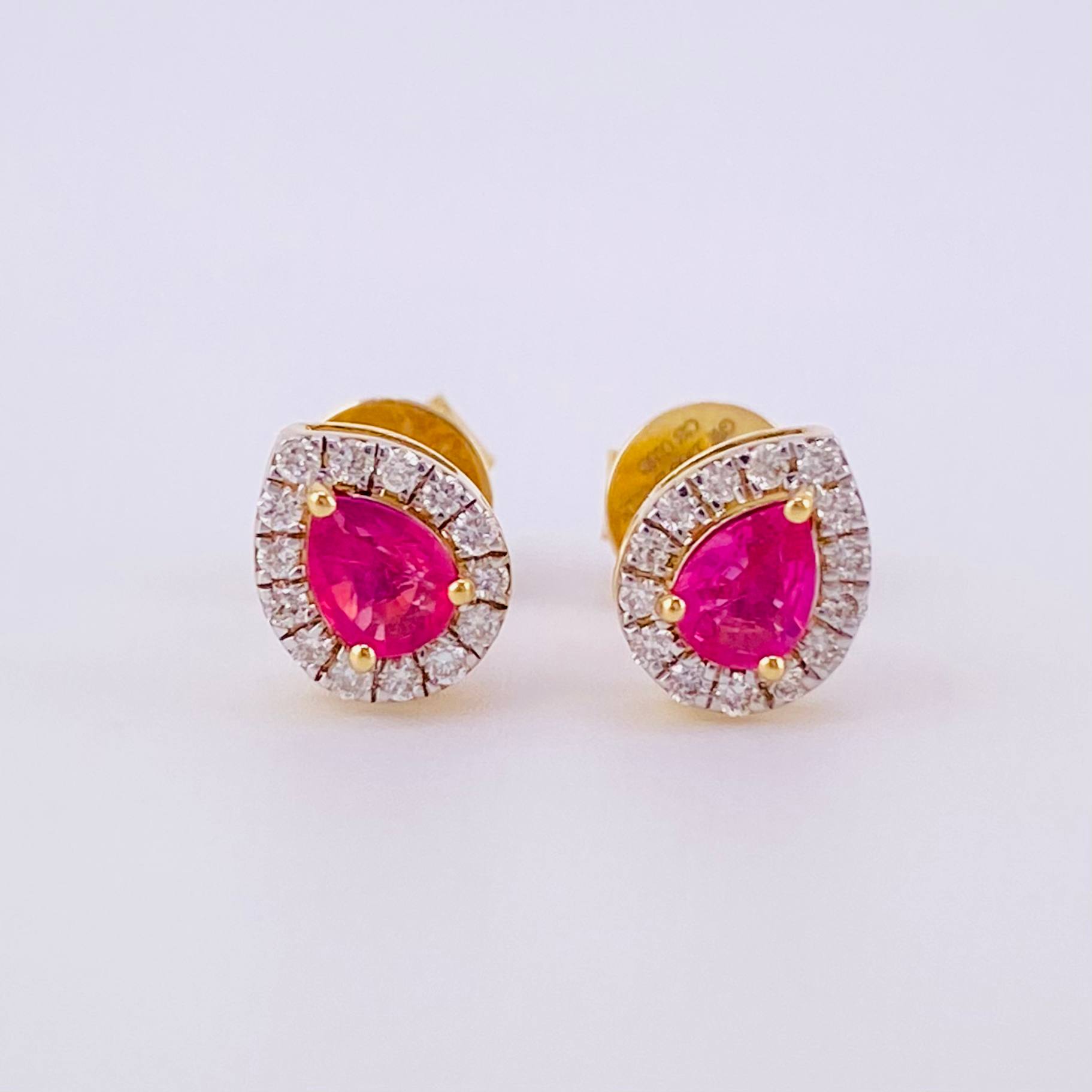 Stud Earrings Dense Drop Rubies 1.2cts Diamonds 30pts 1.7g / in / 7.15mm Yellow Gold 18K