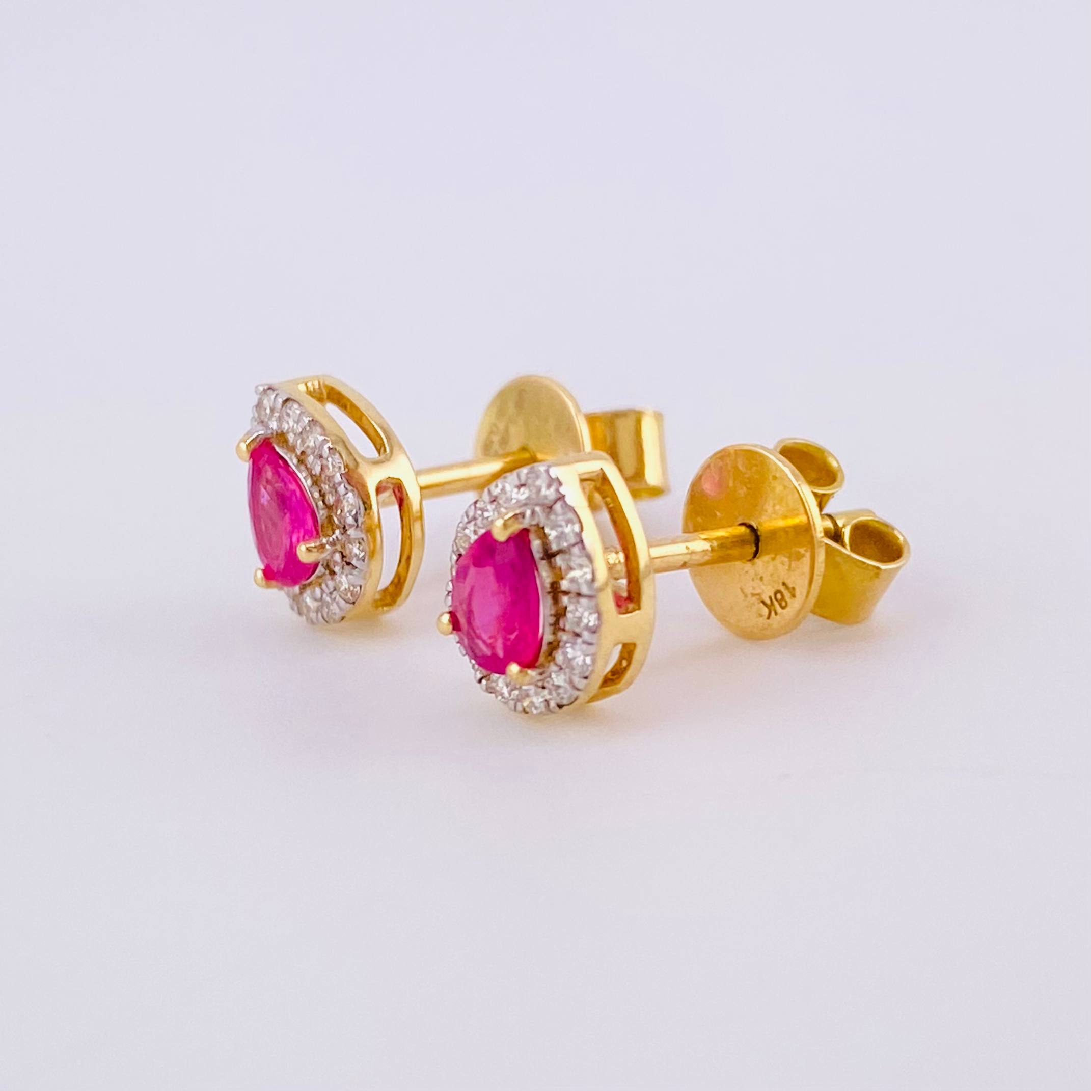 Stud Earrings Dense Drop Rubies 1.2cts Diamonds 30pts 1.7g / in / 7.15mm Yellow Gold 18K
