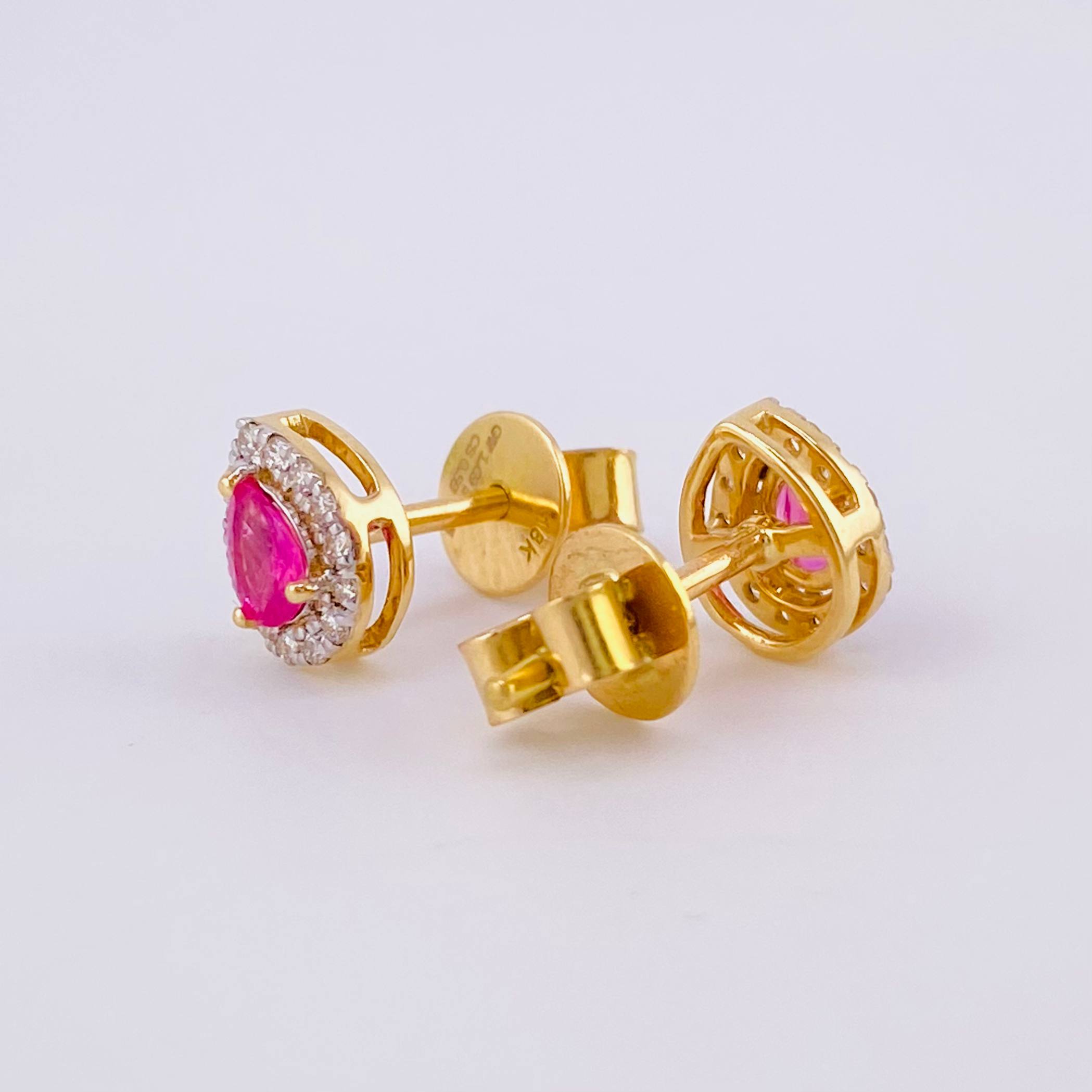 Stud Earrings Dense Drop Rubies 1.2cts Diamonds 30pts 1.7g / in / 7.15mm Yellow Gold 18K