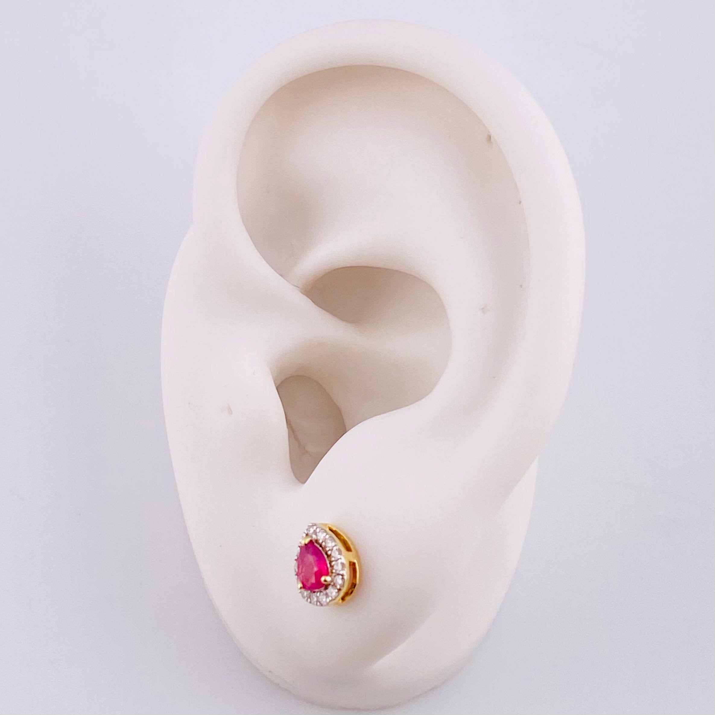 Stud Earrings Dense Drop Rubies 1.2cts Diamonds 30pts 1.7g / in / 7.15mm Yellow Gold 18K