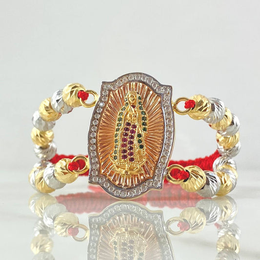 Pulsera Roja Virgen Guadalupe Doble 13.1gr / 3cm / 6mm Bolas Diamantadas 24und Circones Blancos Verdes Fucsias Tres Oros 18K