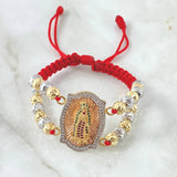 Pulsera Roja Virgen Guadalupe Doble 13.1gr / 3cm / 6mm Bolas Diamantadas 24und Circones Blancos Verdes Fucsias Tres Oros 18K