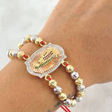 Pulsera Roja Virgen Guadalupe Doble 13.1gr / 3cm / 6mm Bolas Diamantadas 24und Circones Blancos Verdes Fucsias Tres Oros 18K