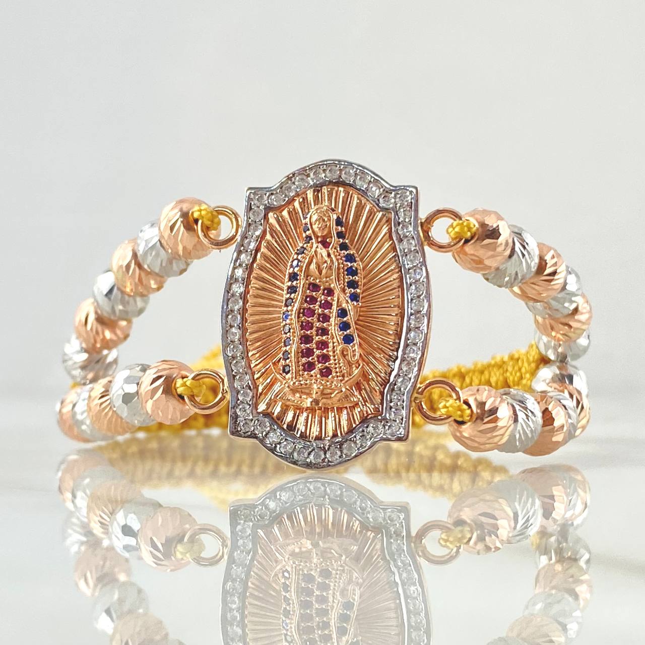 Mustard Virgin Guadalupe Double Bracelet 12.4gr / 3cm / 6mm Beads Diamond Cut 24pcs White Blue Fuchsia Zircons Two 18K White Rose Golds
