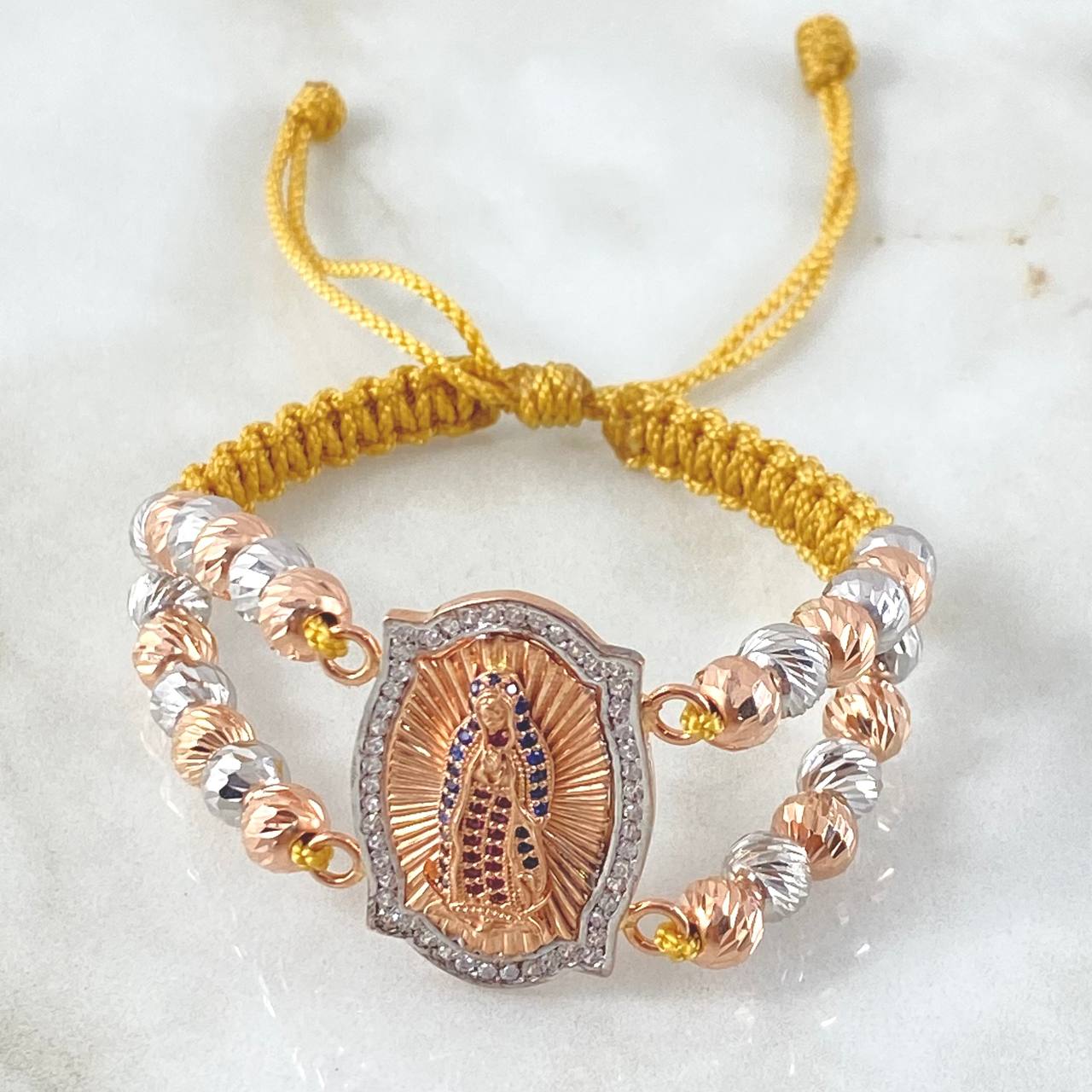 Mustard Virgin Guadalupe Double Bracelet 12.4gr / 3cm / 6mm Beads Diamond Cut 24pcs White Blue Fuchsia Zircons Two 18K White Rose Golds