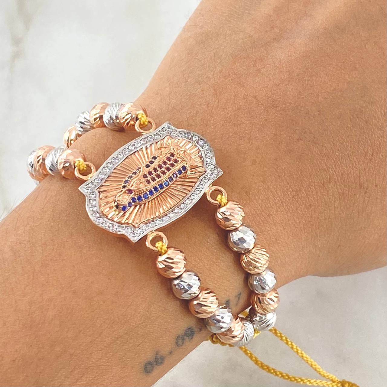 Mustard Virgin Guadalupe Double Bracelet 12.4gr / 3cm / 6mm Beads Diamond Cut 24pcs White Blue Fuchsia Zircons Two 18K White Rose Golds