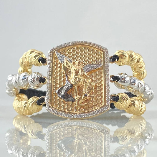 Pulsera Negra Placa San Miguel Arcangel Triple 16gr / 3cm / 6mm Bolas Diamantadas 36und Circones Blancos Dos Oros Amarillo Blanco 18K