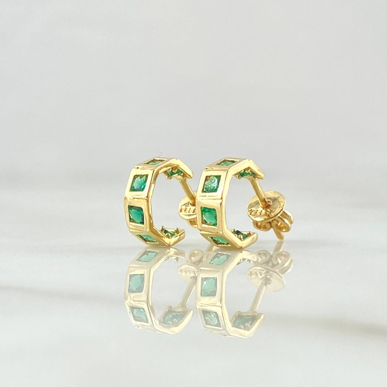 Stud Earrings Medium Arch Squares 2.05gr / 1cm / Green Zircons Lobster Claw Butterfly 18K Yellow Gold ©