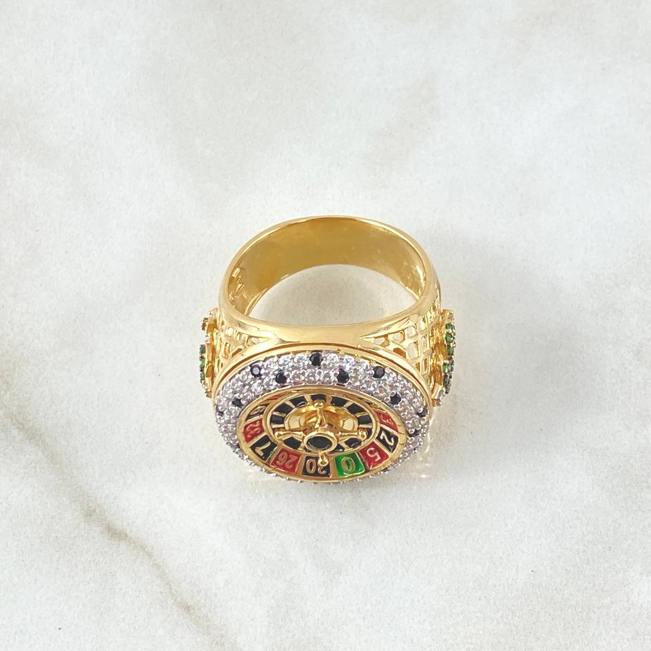 Anillo Ruleta Casino Movil 14.4gr / T10 / Circones Colores Texturizado Dos Oros Amarillo Blanco 18K *