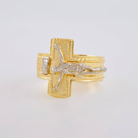 Anillo Cruz Cristo Bordeado 4.15g / T10 3/4 Dos Oros Amarillo Blanco 18K
