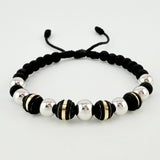 Pulsera Negra Neoros 4und Bolas 7und / 7mm-8mm Dos Oros Amarillo Blanco 18K *