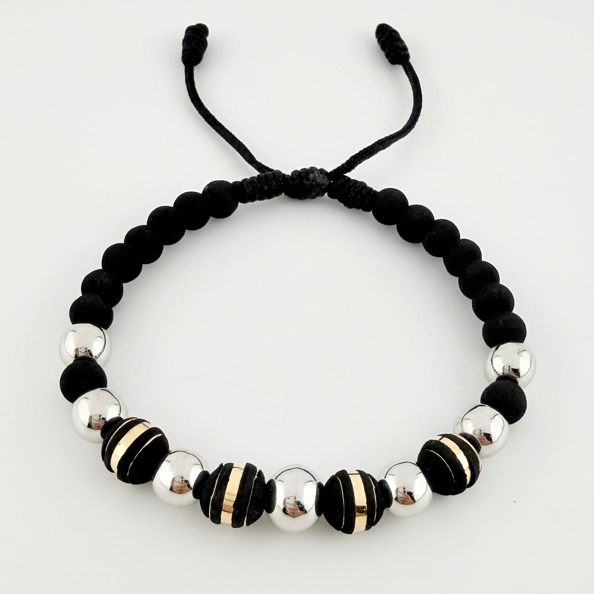 Pulsera Negra Neoros 4und Bolas 7und / 7mm-8mm Dos Oros Amarillo Blanco 18K *