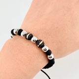 Pulsera Negra Neoros 4und Bolas 7und / 7mm-8mm Dos Oros Amarillo Blanco 18K *