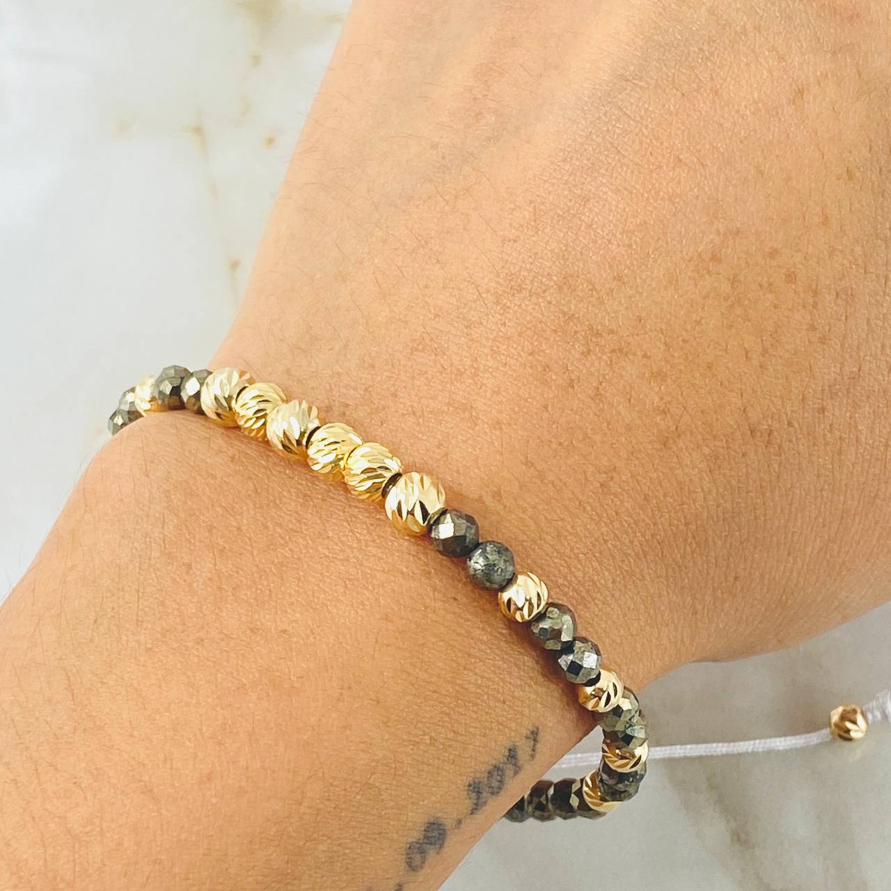 Pyrite Grayish Bone Bracelet 5mm-4mm 16 pcs 18K Gold