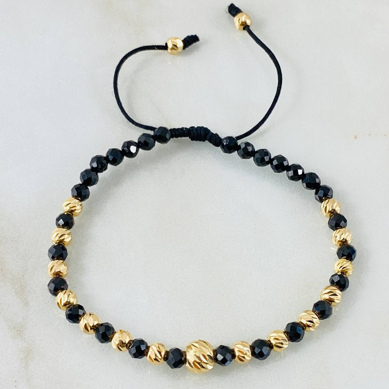 Black Hollow Onyx Bracelet 6mm-4mm 17 pcs 18K Gold