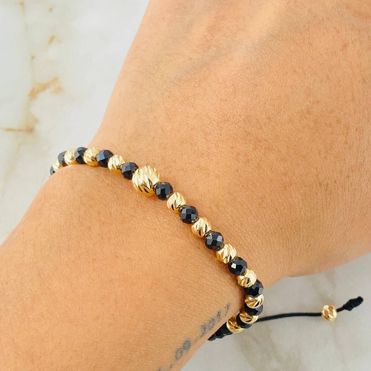 Black Hollow Onyx Bracelet 6mm-4mm 17 pcs 18K Gold