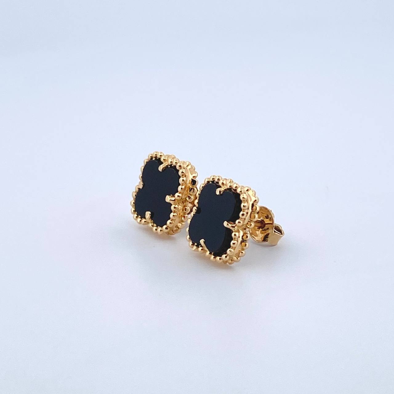 Stud Earrings Clover VCyA 3.25gr / 1.2cm / Black Onyx Dotted Yellow Gold Special Birthstone 18K