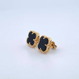 Stud Earrings Clover VCyA 3.25gr / 1.2cm / Black Onyx Dotted Yellow Gold Special Birthstone 18K