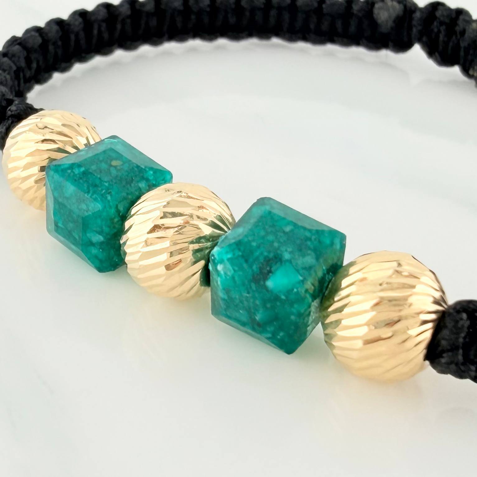 Black Woven Bracelet Cubic Beads 3Mm 2Pcs Yellow Gold 18K