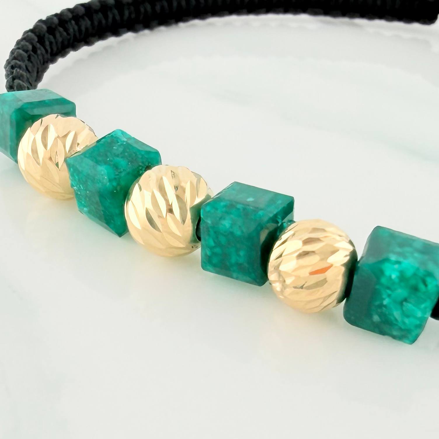 Black Woven Bracelet Cubic Beads 2Mm 4Pcs Yellow Gold 18K