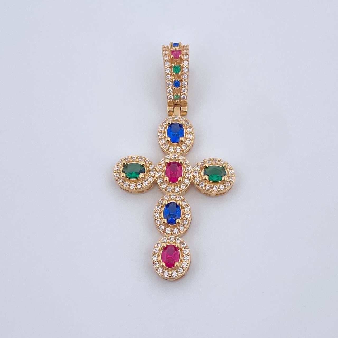 Dije Cruz Tupida 5.2gr / 4.5cm / Circones Azules Verdes Fucsias Blancos Oro Amarillo 18K $