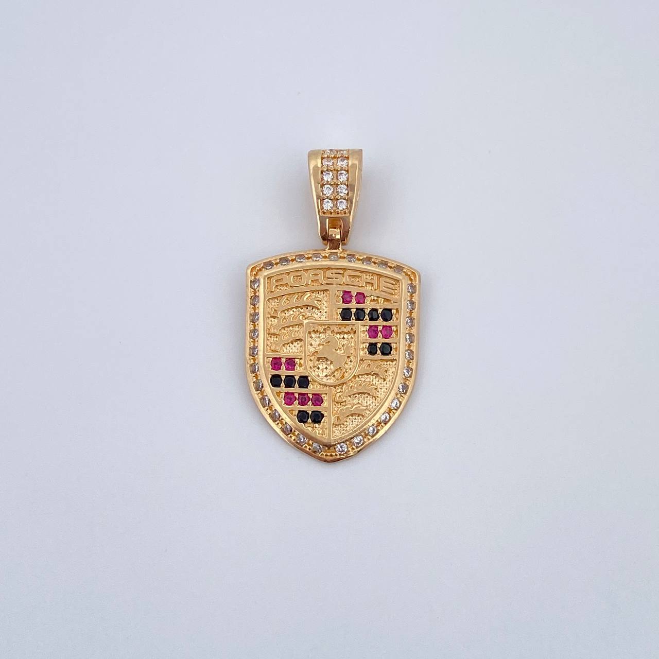Pendant Shield PS 3.4gr / 2.9cm / Fuchsia Black White Zircons Yellow Gold 18K &