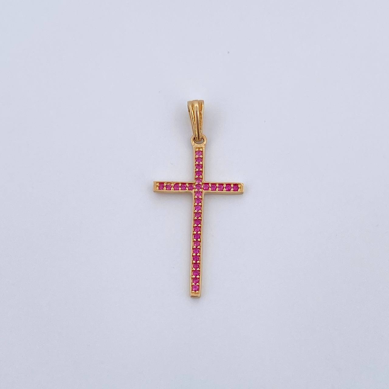 Dije Cruz 1.1gr / 3.3cm / Circones Fucsias Oro Amarillo 18K $