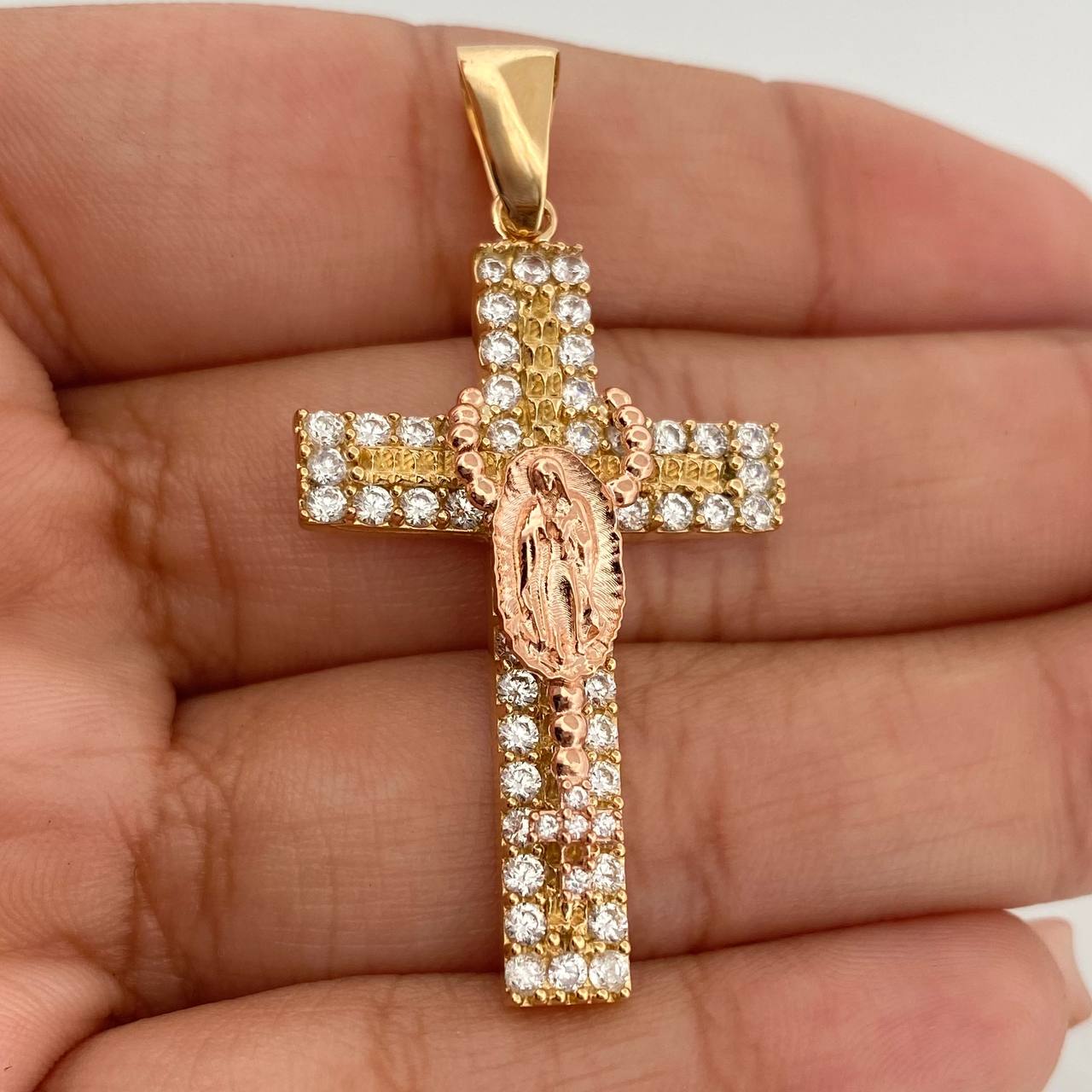 Dije Cruz Rosario Virgen Guadalupe 5.9gr / 4.5cm / Dos Oros Amarillo Rosa 18K &