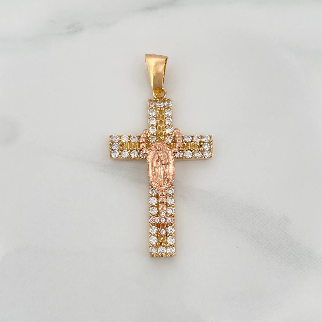 Dije Cruz Rosario Virgen Guadalupe 5.9gr / 4.5cm / Dos Oros Amarillo Rosa 18K &