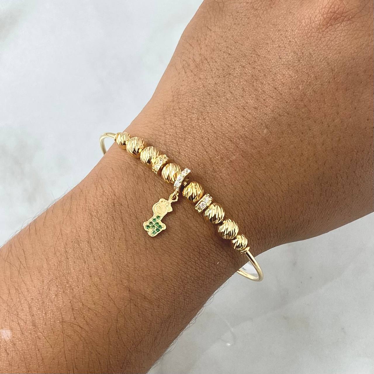 Bracelet PD Giraffe 7.8gr / 18cm / 5mm-4mm Beads Diamond Cut White Green Zircons Yellow Gold 18K ©