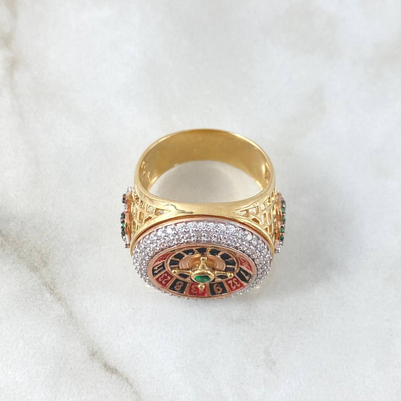 Anillo Ruleta Casino Movil 13.8gr / T10 1/2 / Circones Blancos Verde Texturizado Dos Oros Amarillo Rosa 18K