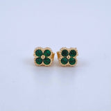 Stud Earrings Textured Edge Flower 1.2gr / 5mm Green Zircons 18K Yellow Gold ©