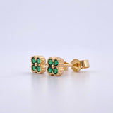 Stud Earrings Textured Edge Flower 1.2gr / 5mm Green Zircons 18K Yellow Gold ©