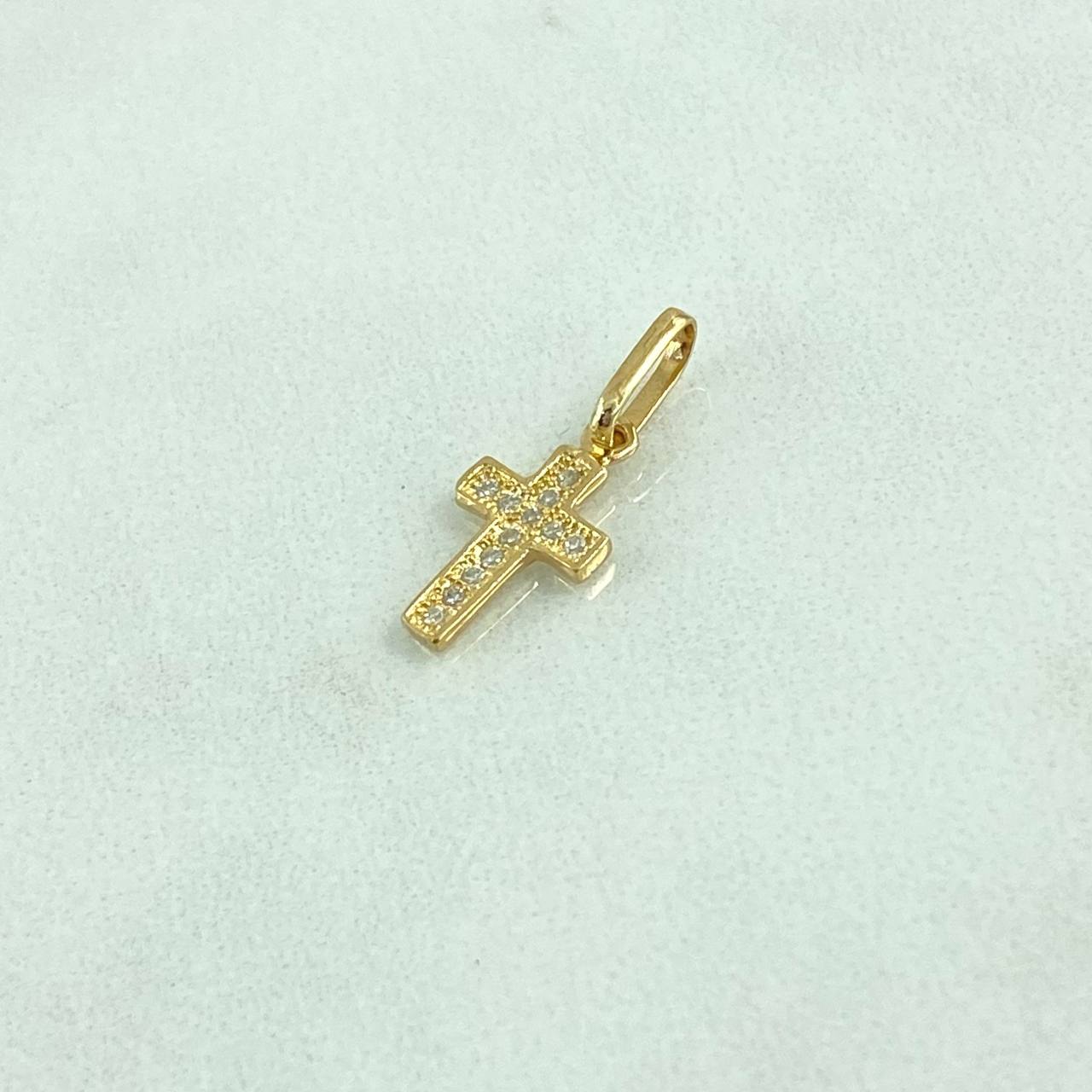 Dije Cruz Basteada 0.6gr / 1.9cm / Circones Blancos Oro Amarillo 18K