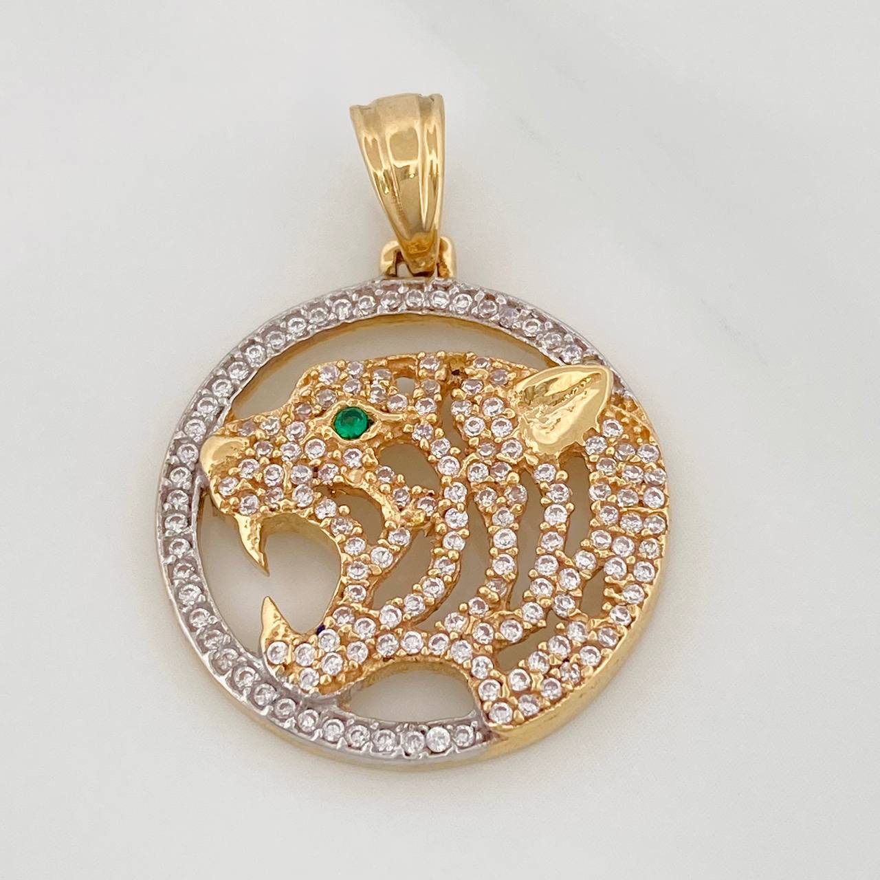 Dije Tigre Placa Circular 5.1gr / 1 1/4 in / Dos Oros Amarillo Blanco 18K $