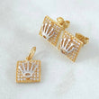Dense Square Set Crown - Stud Earrings 0.9cm - Pendant 1.5cm 4.35gr White Zirconia 18K Gold ©